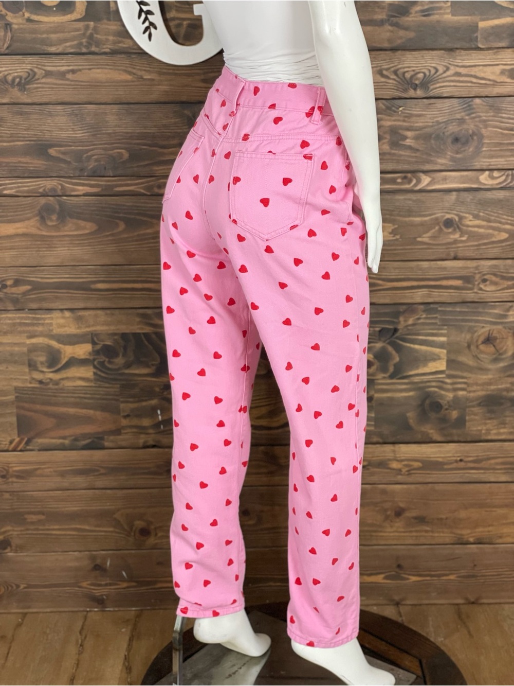 SHEIN | High Waist Straight Denim Jeans Pink Red Heart Print - Picture 4 of 10